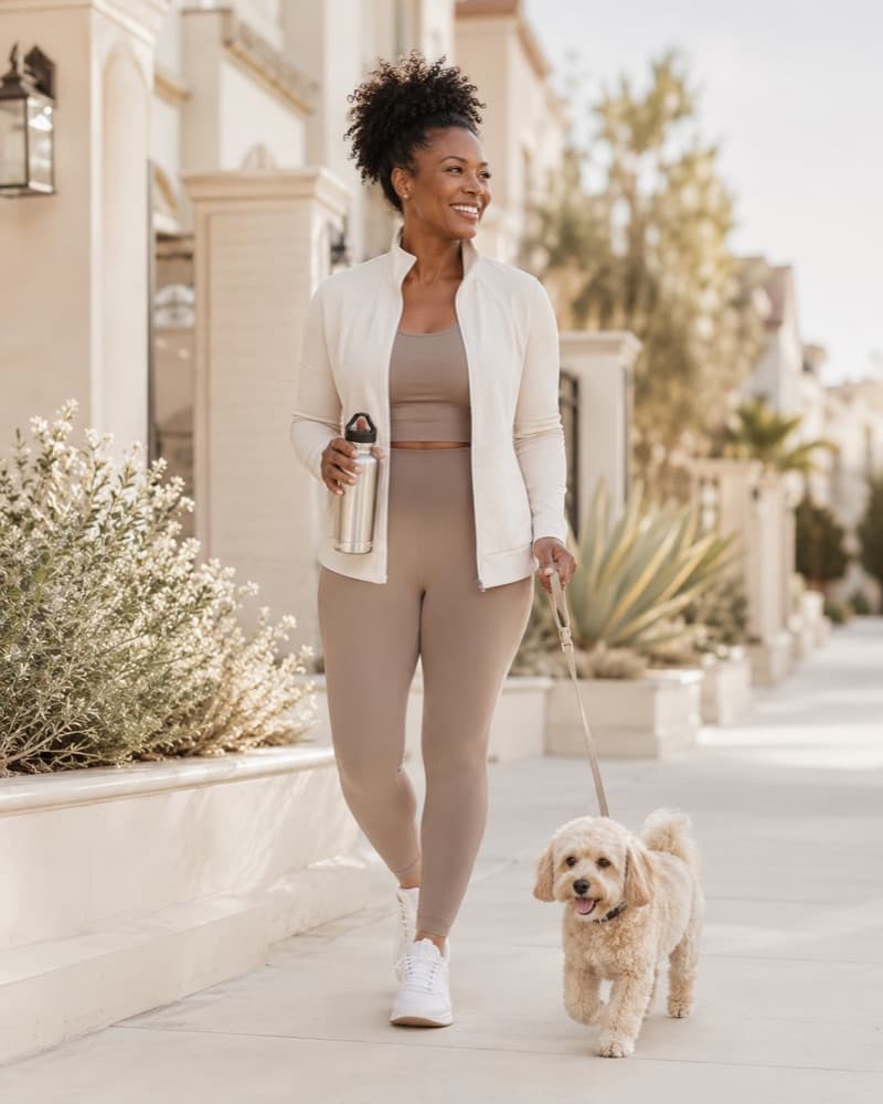 Woman walking her dog on a sunny street