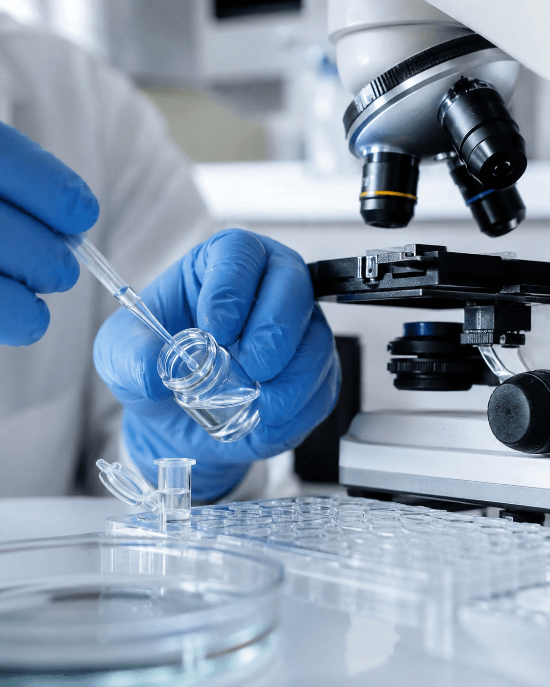 Lab technician working with a microscope and vial