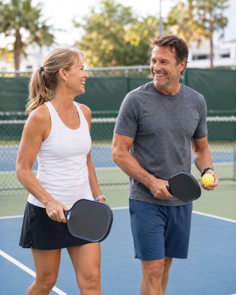 Couple laughing on a pickleball court