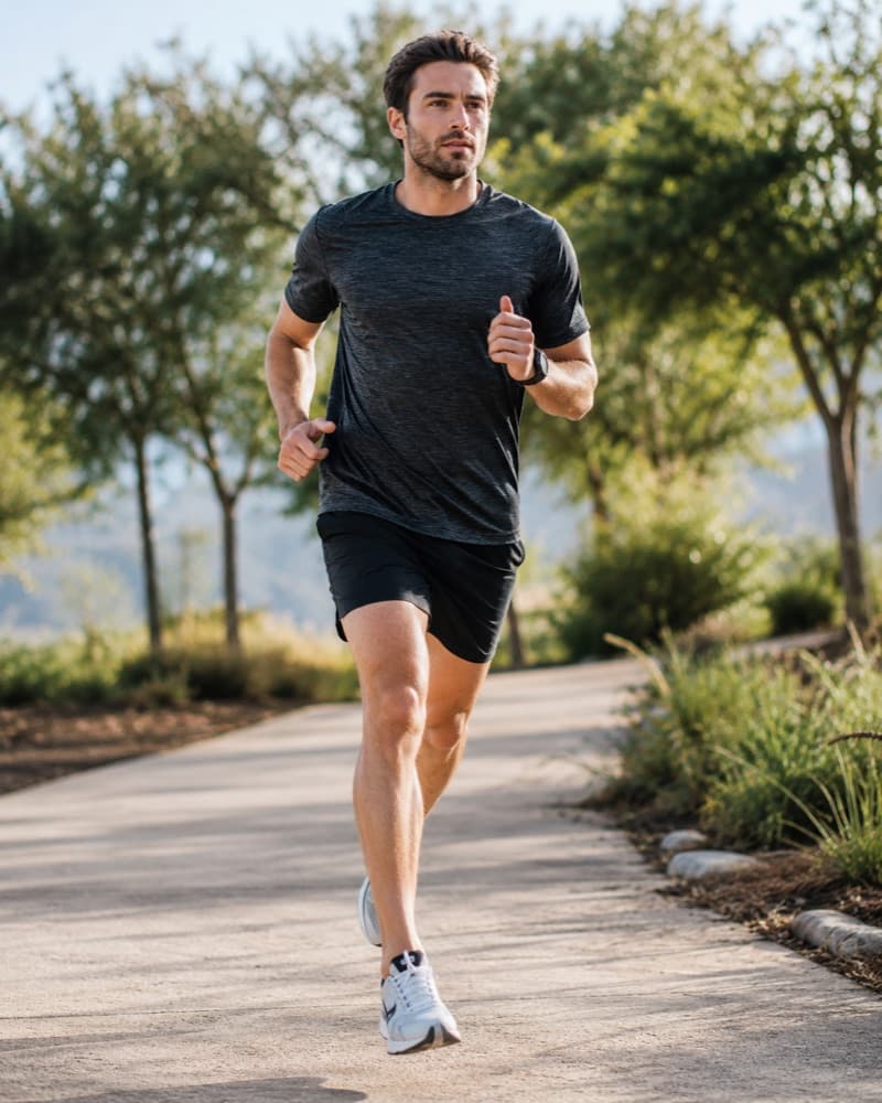 Man running on a sunny path