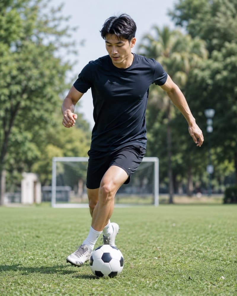 Person playing soccer outdoors
